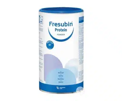 Pot blanc et bleu de Fresubin Protein Powder, avec mention "PROTEIN 87" et saveur "Neutre" pour apport protéique.