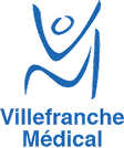 Logo bleu abstrait de Villefranche Médical, évoquant une silhouette humaine stylisée, symbolisant la santé et le soin.