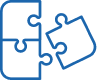 Trois pièces de puzzle bleues, deux connectées et une troisième prête à l'intégration. Symbole d'assemblage.