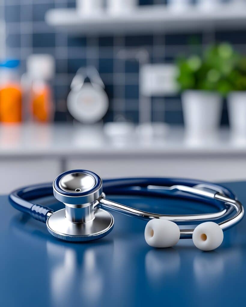 Stéthoscope bleu métallique sur une surface brillante. En arrière-plan flou, murs carrelés bleus et articles médicaux.