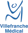 Logo Villefranche Médical avec figure humaine abstraite bleue dynamique, symbolisant l'aide et le bien-être médical.