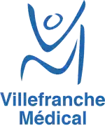 Logo Villefranche Médical avec figure humaine abstraite bleue dynamique, symbolisant l'aide et le bien-être médical.
