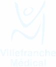 Logo Villefranche Médical: silhouette humaine stylisée blanche sur fond noir, bras ouverts, évoquant la santé et l'accueil.
