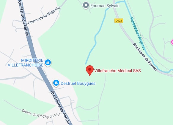 Carte de Villefranche-de-Rouergue: Villefranche Médical SAS. Miroiterie Villefranchoise, Destruel Bouygues, Fournac Sylvain, Rte Haute de Farrou, D922.